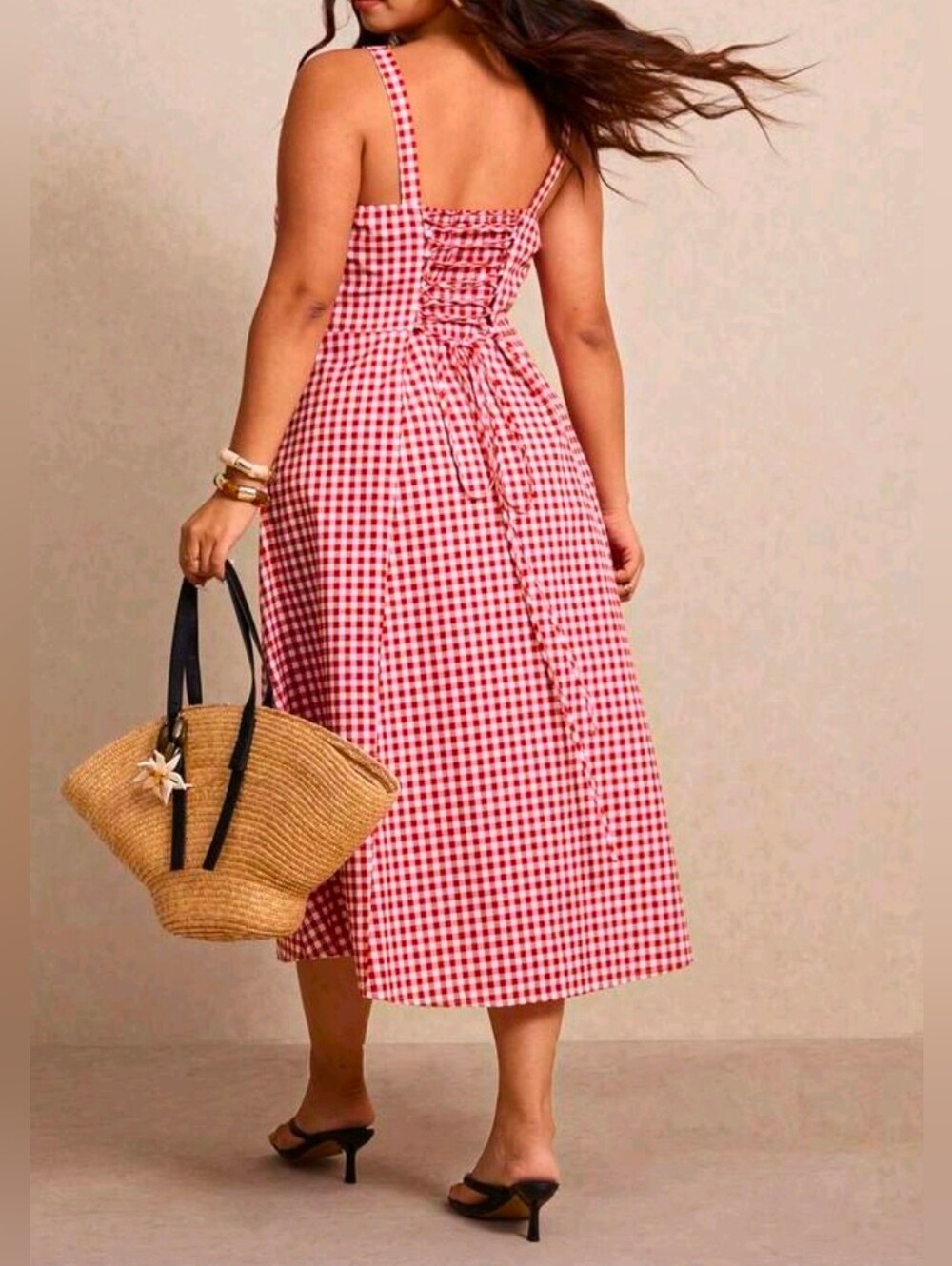New Gingham Lace Up Back A Line Midi Dress PLUS Red White - Picture 6 of 11